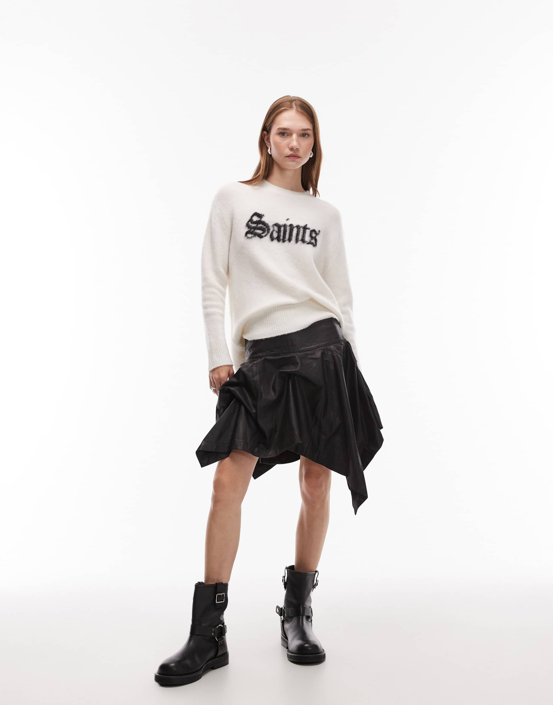 allsaints hitch lea ruffle leather mini skirt in black