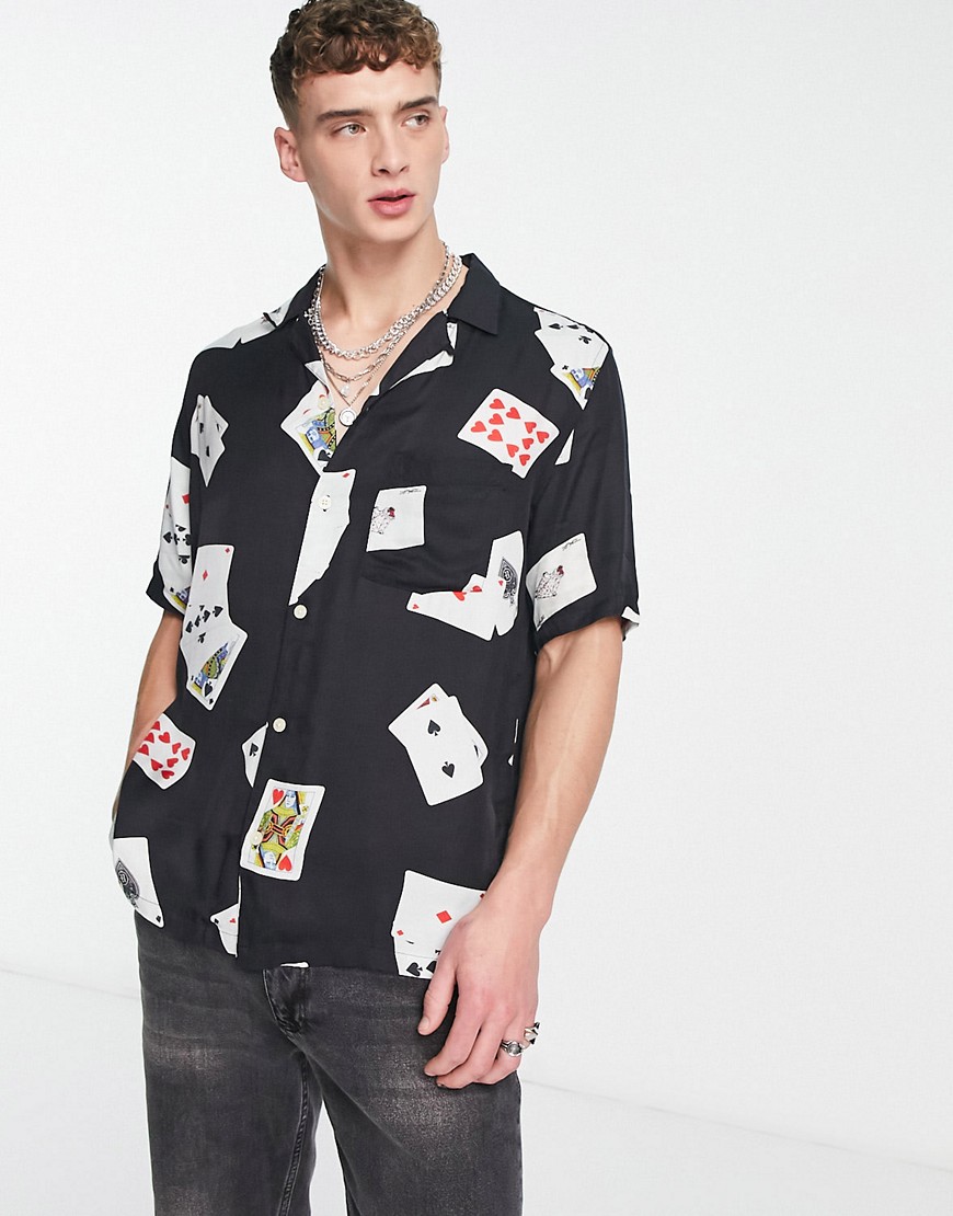 Allsaints Holdem Poker Print Long Sleeve Shirt In Black