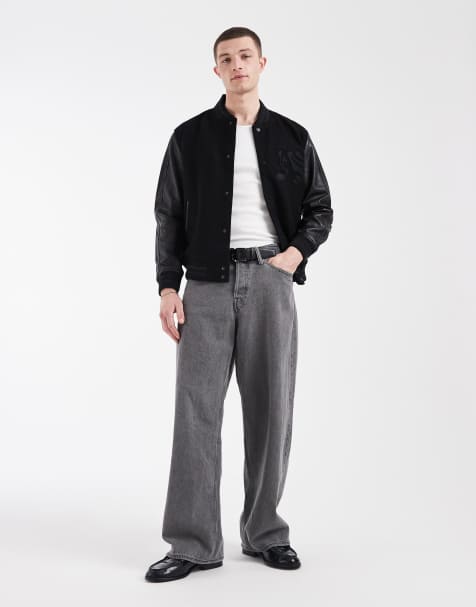 AllSaints - Holloway - Sort bomber-jakke i læder med college-design og logo - view 1