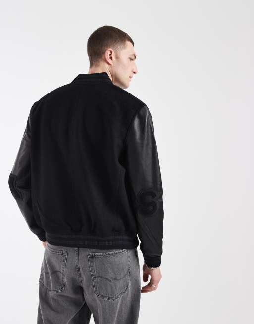 AllSaints - Holloway - Sort bomber-jakke i læder med college-design og logo, 4 af 5