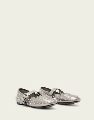 AllSaints - Holly - Flache Ballerinas in Silber mit Nieten-Grau