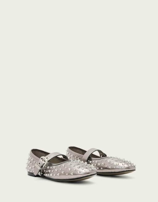 AllSaints – Holly – Schuhe in Stahlgrau mit Nietenbesatz