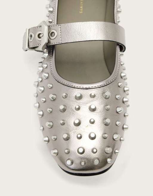 AllSaints Holly stud ballet flats in silver, 2 of 4