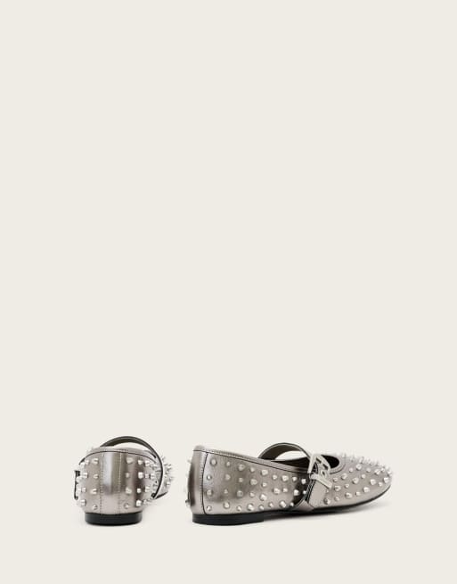 AllSaints Holly stud ballet flats in silver, 4 of 4