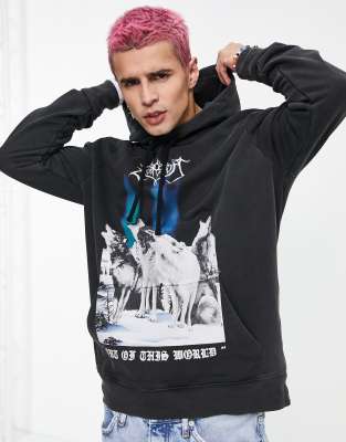 Allsaints howl wolf print overhead hoodie in black