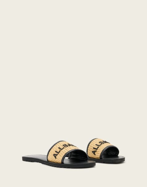 AllSaints Hoxton textured one strap logo sandals in black/brown - view 1
