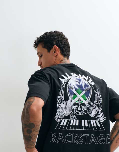 AllSaints Hula short sleeve graphic logo t-shirt with back print in washed black - view 1