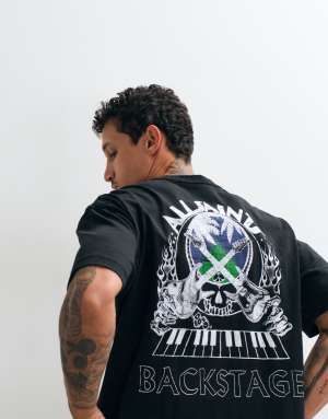 AllSaints Hula short sleeve graphic logo t-shirt with back print in washed black
