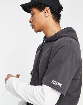 AllSaints hunter layered hoodie with long sleeve top in black