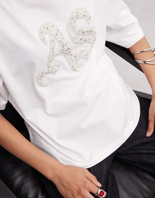AllSaints Icon Amelie short sleeve pearl embellished logo T-shirt in white, 2 of 4