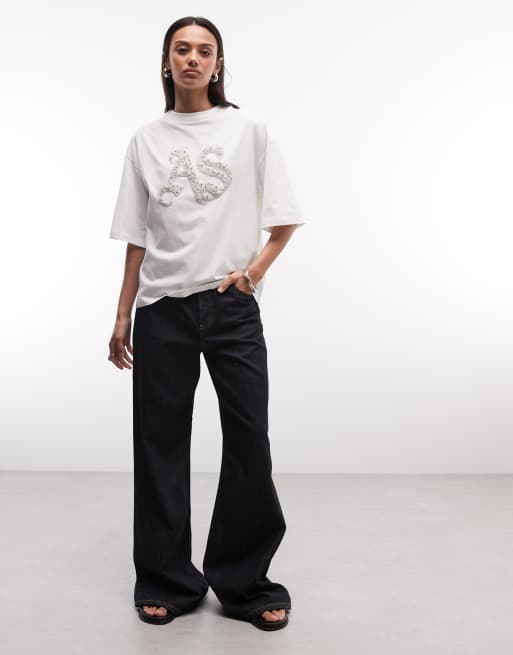 AllSaints Icon Amelie short sleeve pearl embellished logo T-shirt in white, 3 of 4
