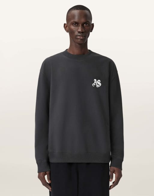 AllSaints – Icon – Sweatshirt in verwaschenem Schwarz mit Rundhalsausschnitt