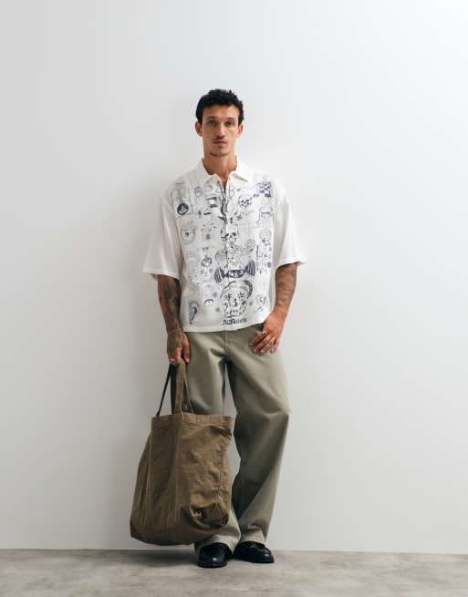 AllSaints Ignis short sleeve graphic illustrative logo shirt in ecru, 2 of 5