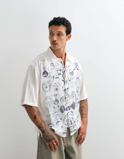 AllSaints Ignis short sleeve graphic illustrative logo shirt in ecru, 4 of 5
