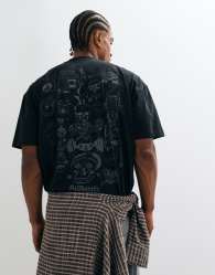 AllSaints Ignis short sleeve graphic logo illustrative t-shirt with back print in washed black
