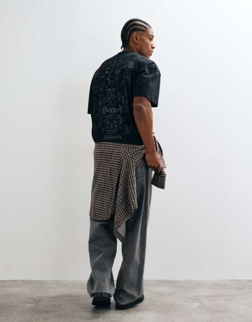 AllSaints Ignis short sleeve graphic logo illustrative t-shirt with back print in washed black, 2 of 5