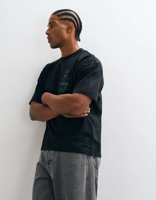AllSaints Ignis short sleeve graphic logo illustrative t-shirt with back print in washed black, 3 of 5