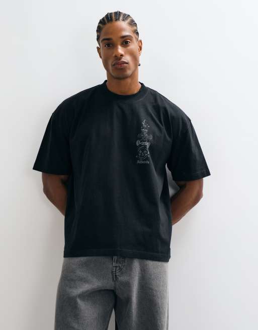 AllSaints Ignis short sleeve graphic logo illustrative t-shirt with back print in washed black, 4 of 5