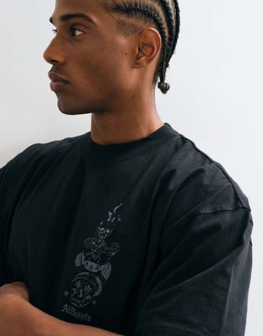 AllSaints Ignis short sleeve graphic logo illustrative t-shirt with back print in washed black, 5 of 5