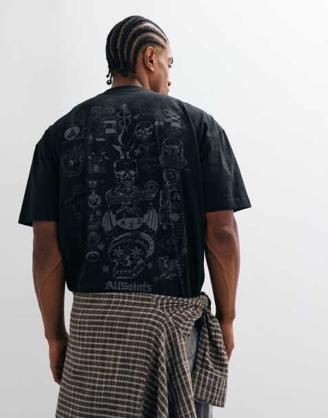 AllSaints Ignis t-shirt med kort ärm, grafisk logga, illustration och ryggtryck i tvättad svart - view 1