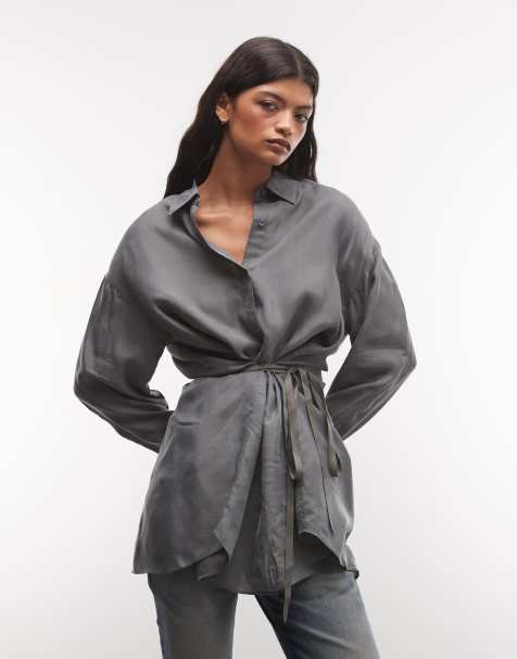 AllSaints Ilana long sleeve cupro wrap around shirt in grey - view 1
