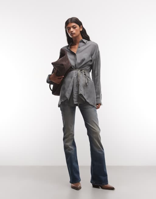 AllSaints Ilana long sleeve cupro wrap around shirt in grey, 2 of 4
