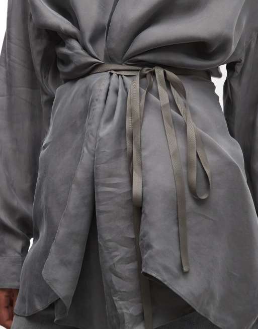 AllSaints Ilana long sleeve cupro wrap around shirt in grey, 3 of 4