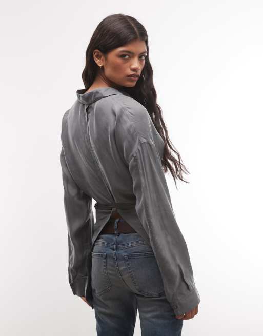 AllSaints Ilana long sleeve cupro wrap around shirt in grey, 4 of 4