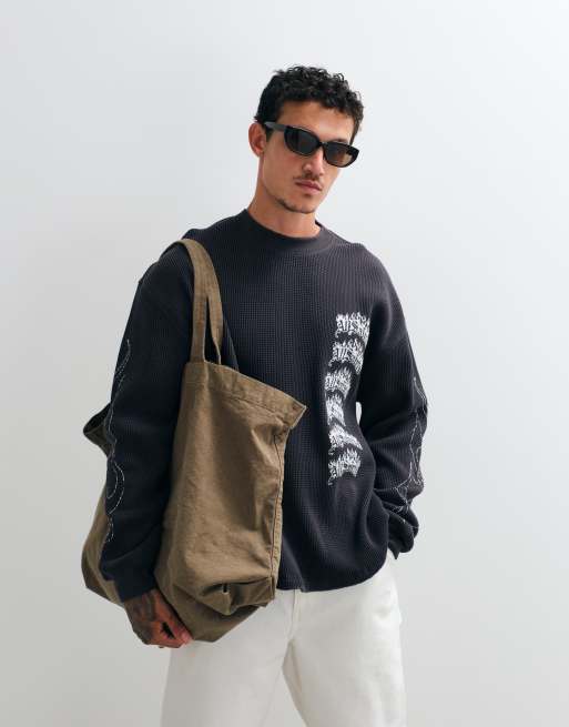 AllSaints Incendo long sleeve graphic logo waffle t-shirt with back print in washed black, 2 of 5