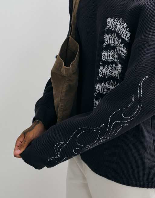 AllSaints Incendo long sleeve graphic logo waffle t-shirt with back print in washed black, 3 of 5