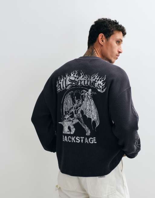 AllSaints Incendo long sleeve graphic logo waffle t-shirt with back print in washed black, 4 of 5