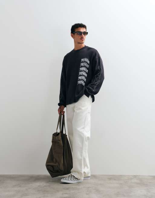 AllSaints Incendo long sleeve graphic logo waffle t-shirt with back print in washed black, 5 of 5