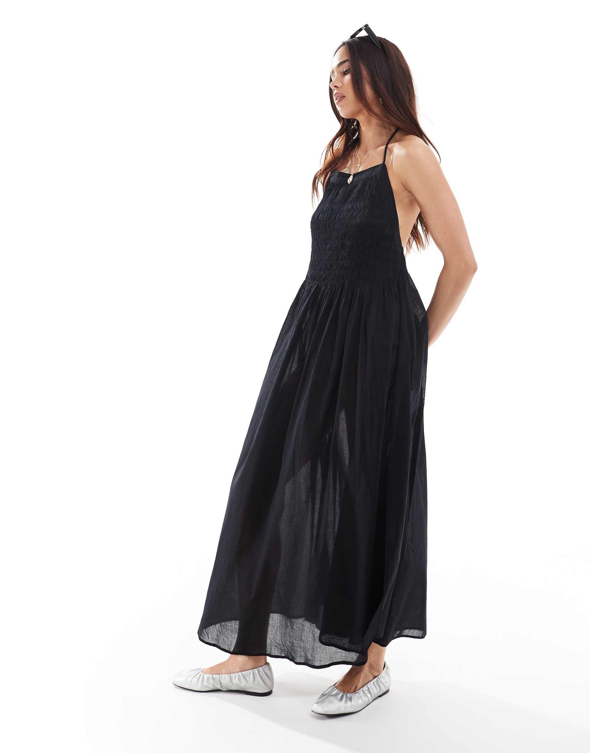 allsaints iris midi beach dress in black