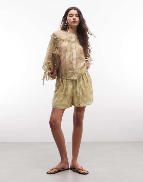 AllSaints Isla co-ord drawstring floral print shorts in gold green
