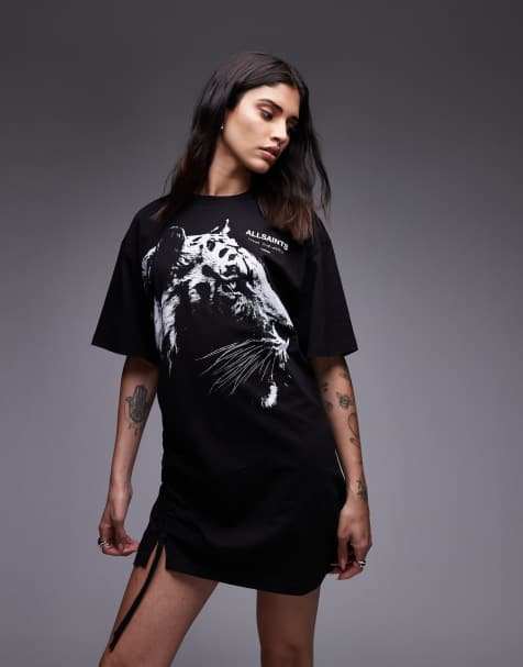 AllSaints – Ivana – Svart t-shirtklänning med tigertryck - view 1
