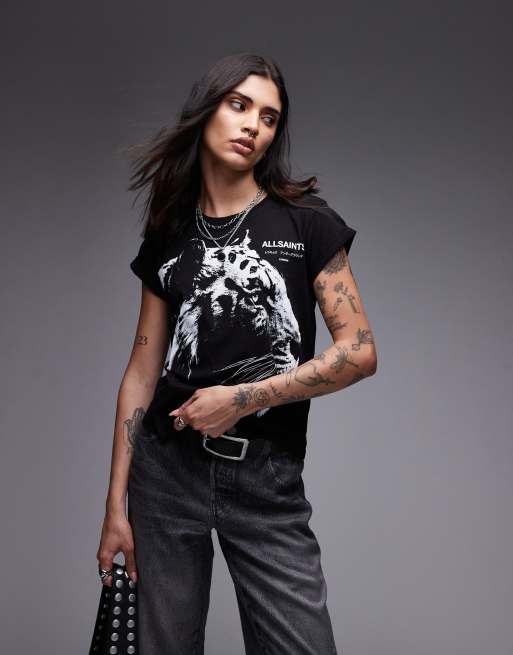 AllSaints – Ivana – T-Shirt in Schwarz mit Tiger-Grafik