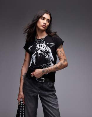AllSaints - Ivana - T-Shirt in Schwarz mit Tiger-Print