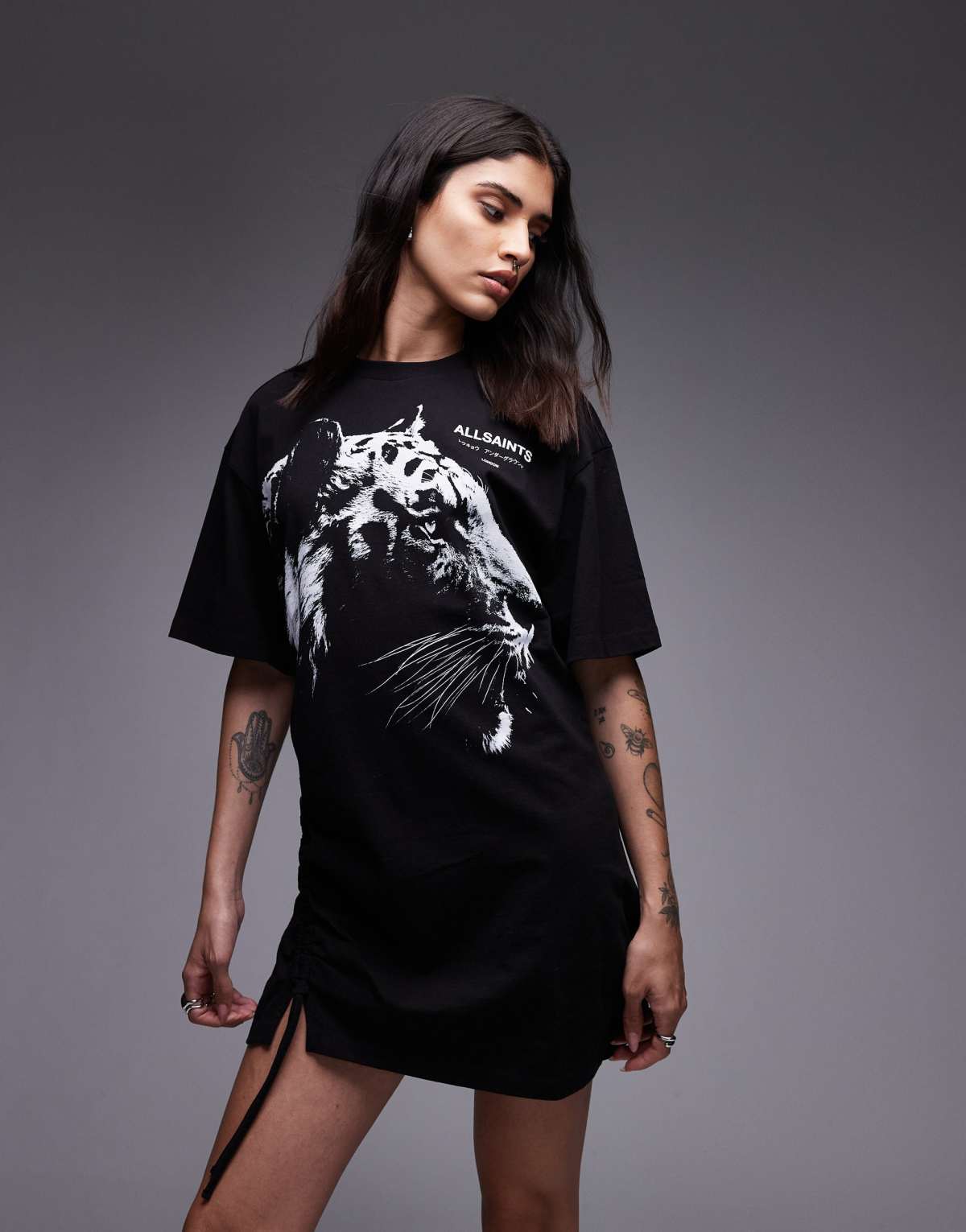 Allsaints ivana tiger t-shirt dress in black