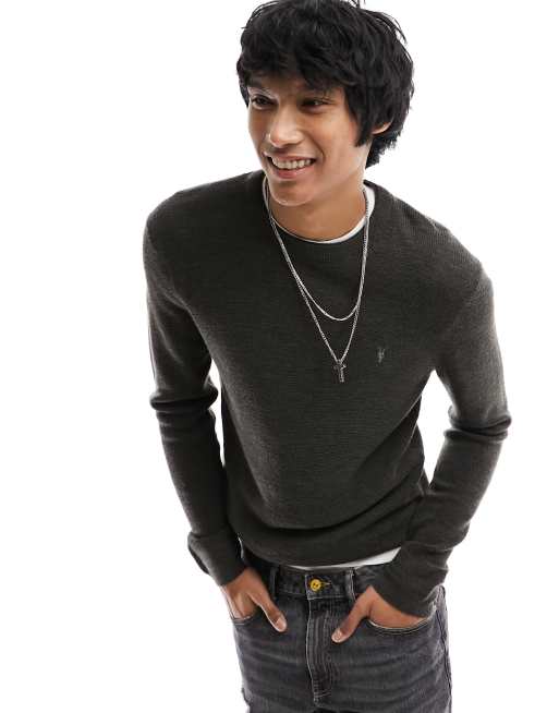 AllSaints Ivar merino wool crew neck knitted jumper in dark green