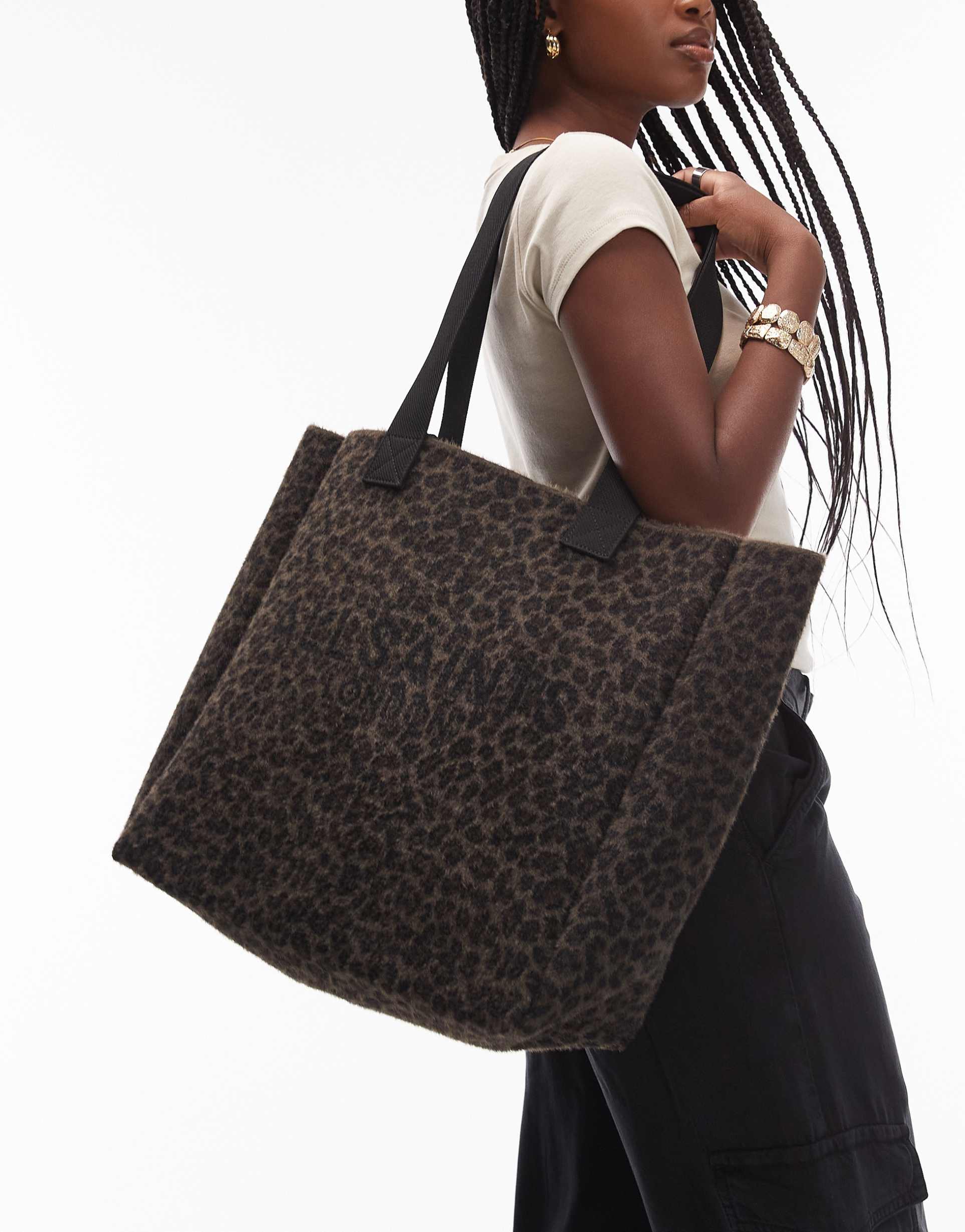 allsaints izzy fuzzy leopard tote bag in brown / black