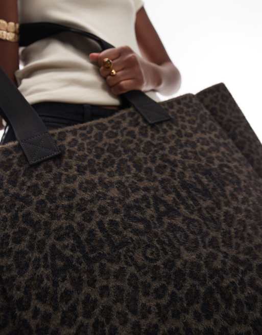 AllSaints Izzy fuzzy leopard tote bag in brown / black | ASOS
