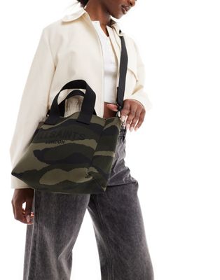 AllSaints Izzy knitted mini tote bag in camo