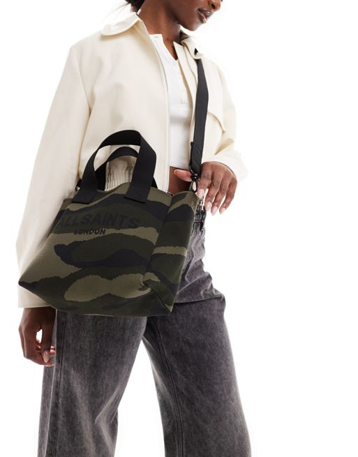 AllSaints Izzy knitted mini tote bag in camo | ASOS