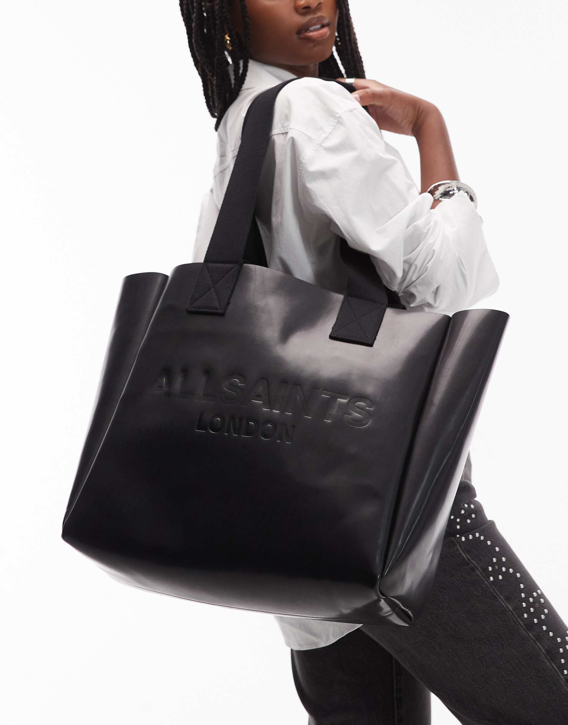 allsaints izzy leather logo tote in black