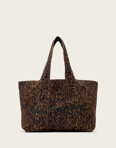 AllSaints izzy leopard print denim tote bag in brown - view 1