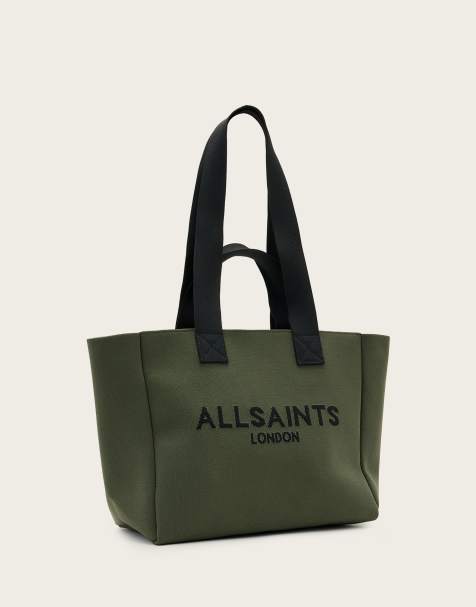 AllSaints Izzy medium knit tote bag in olive green - view 1