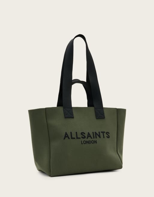 AllSaints Izzy medium knit tote bag in olive green