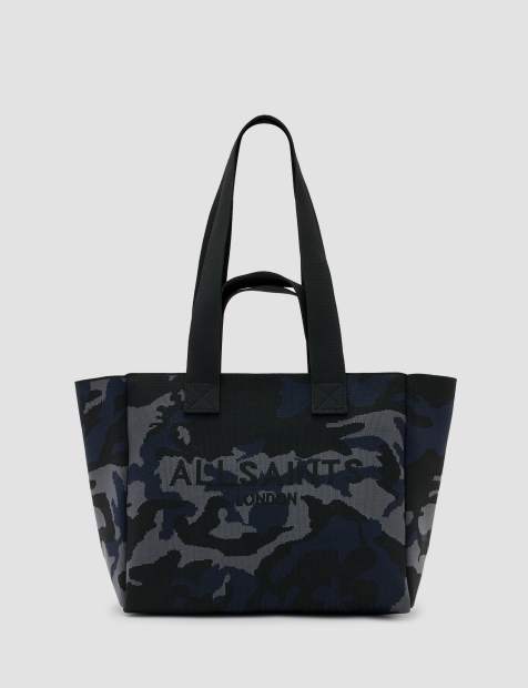 AllSaints Izzy medium knitted tote bag in blue camo - view 1