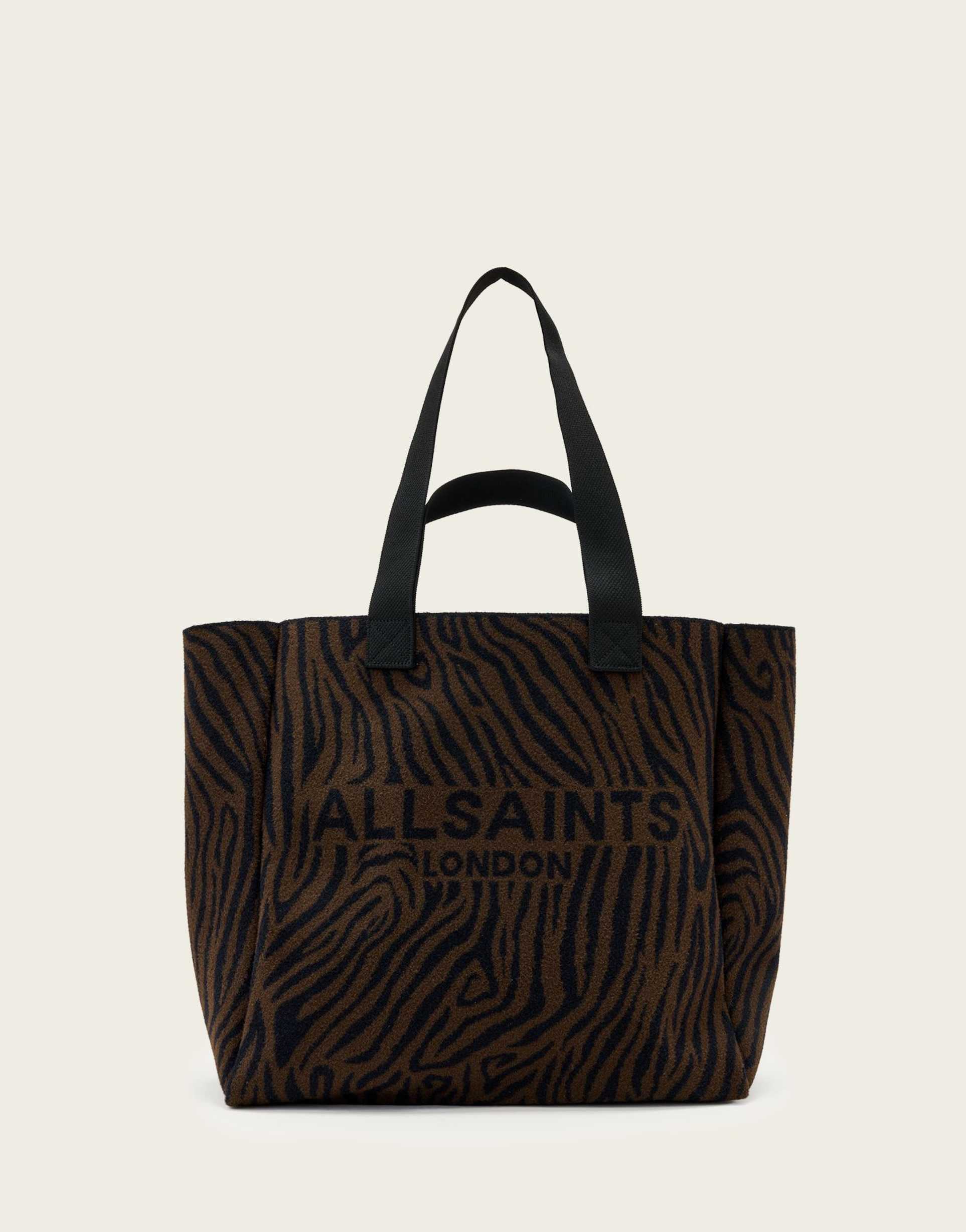 allsaints izzy zebra tote bag in brown