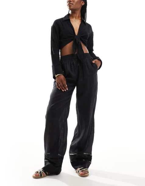 AllSaints Jade linen wide straight trousers in black - view 1